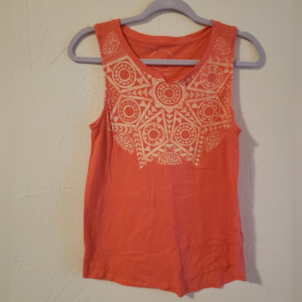 Lucky Brand 100% Cotton Womens tank top, orange with sunburst pattern sz…